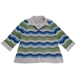 Alfred Dunner Knit Top Womens L Multicolor Chevron Patter Collared Layered Look